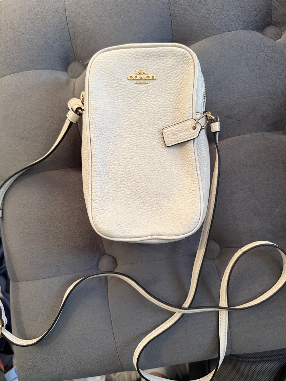 Coach Cream Pebbled Leather Crossbody Phone Bag with Gold Hardware